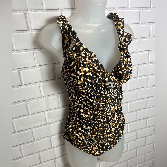 DKNY Women's Printed Ruffle Plunge Tummy-Control One-Piece swimsuit/size 12 - Picture 7 of 13